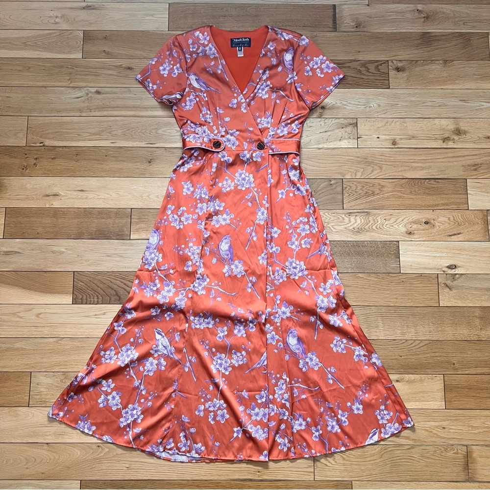 ModCloth Hutch Anthropologie Orange with Purple Floral Wrap Dress Size 0 - Picture 1 of 10